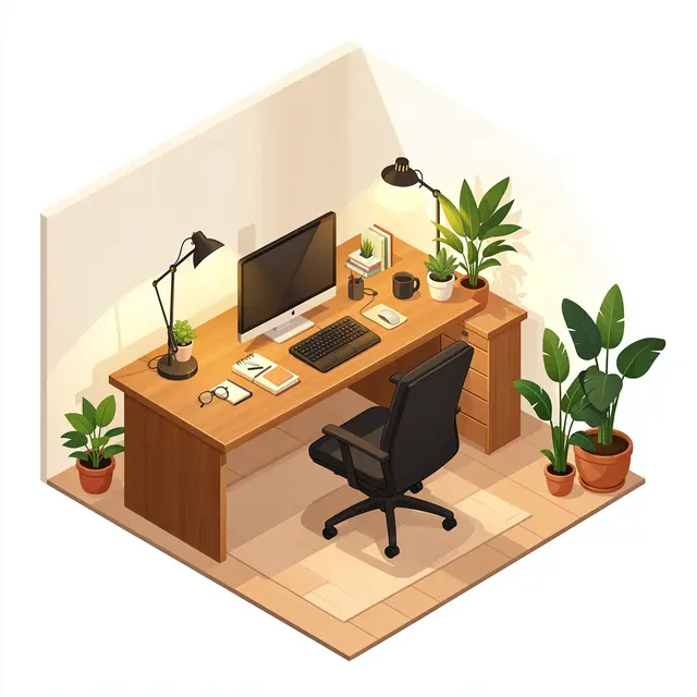 Warm isometric illustration of a tidy home office desk with lamps, work supplies and potted plants.