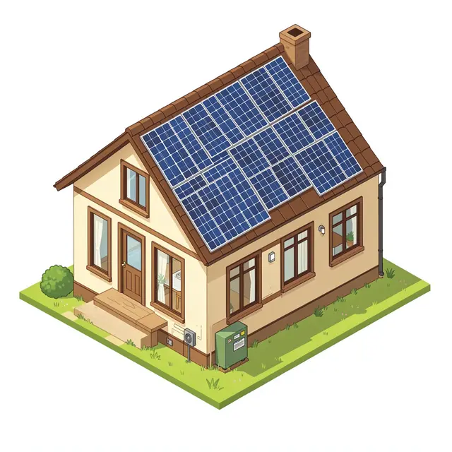 Isometric illustration of a detached home with rooftop solar panels and an exterior home battery unit