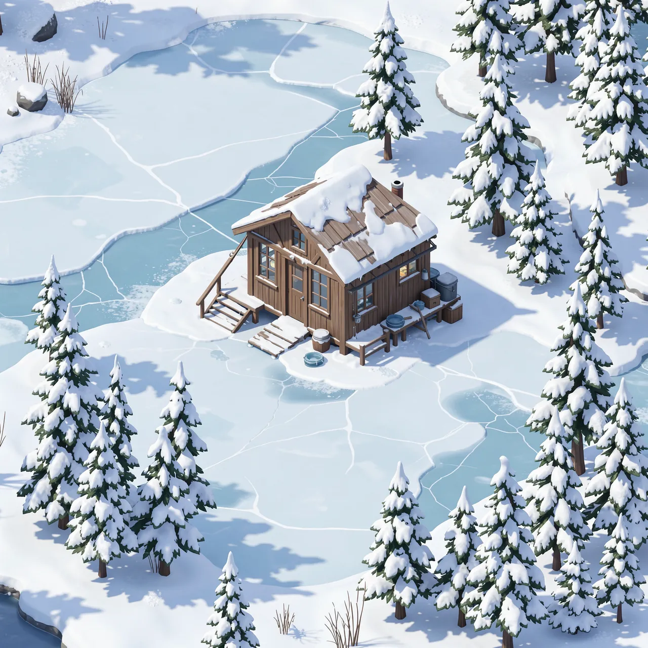 Isometric 3D illustration of a wooden ice fishing hut on a frozen snowy lake surrounded by snow covered pine trees
