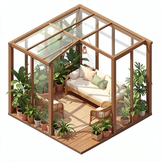 Isometric 3D view of a wooden sunroom furnished with a daybed, wicker chairs and dense potted houseplants