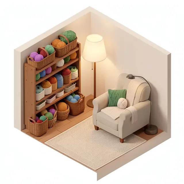 Isometric 3D diorama of a cozy knitting nook with yarn shelves, armchair and floor lamp
