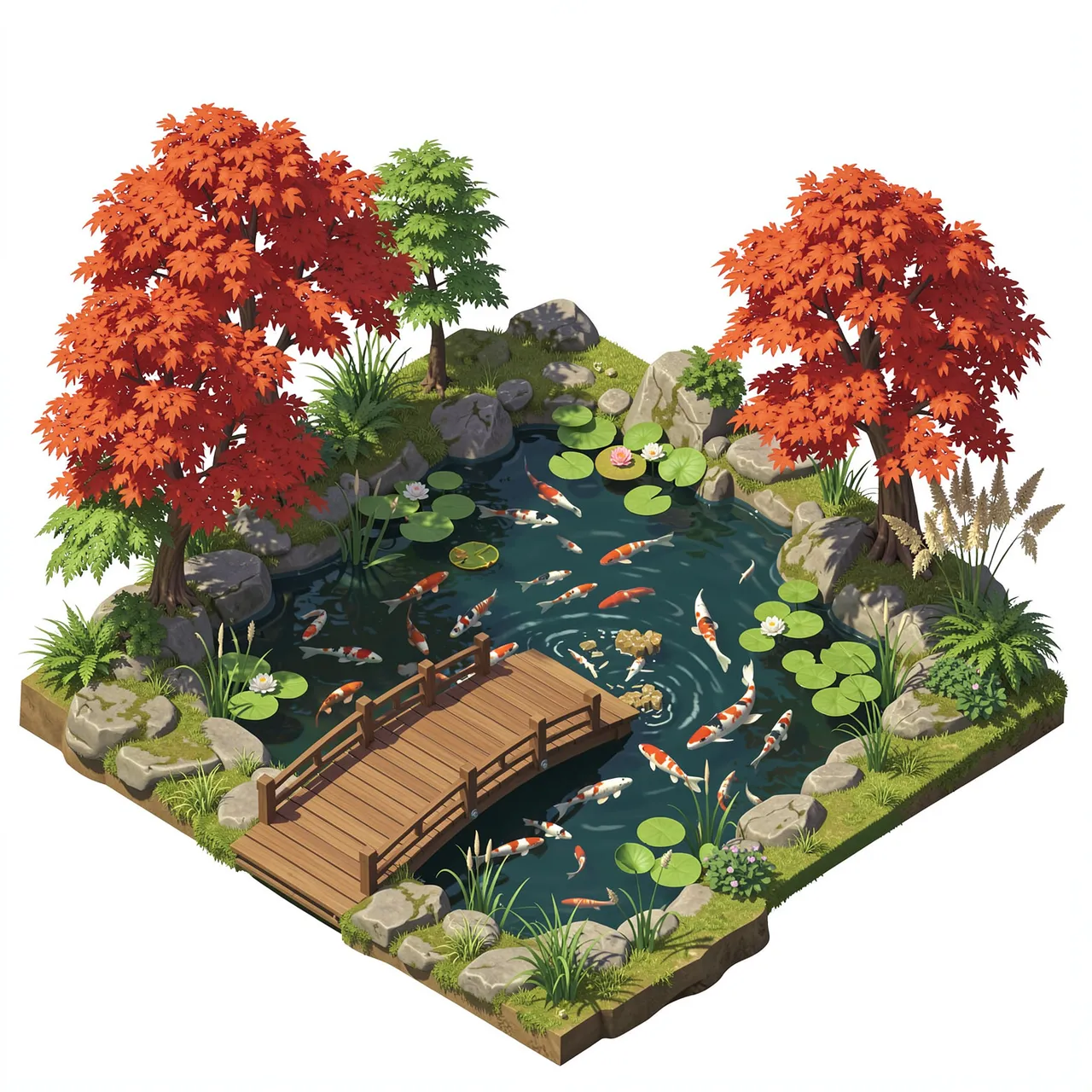 Isometric 3D illustration of a koi pond with a wooden footbridge, lily pads and red maple trees