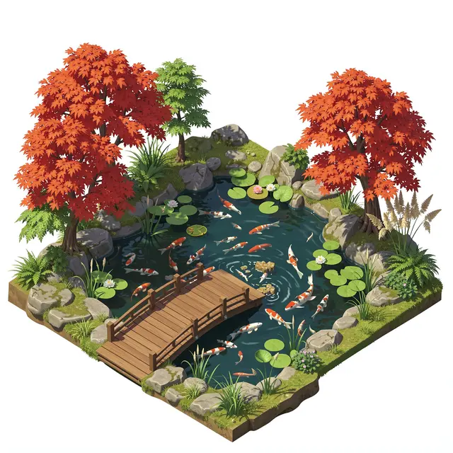 Isometric 3D illustration of a koi pond with a wooden footbridge, lily pads and red maple trees