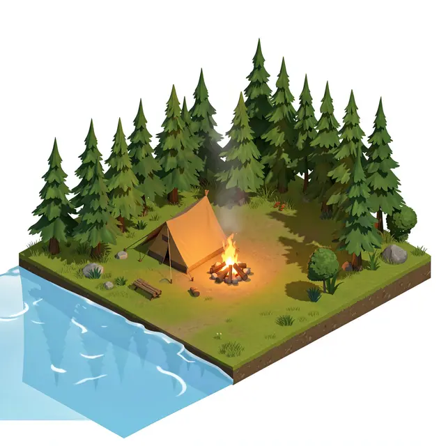 Isometric 3D illustration of a tent, lit campfire, and pine trees on a grassy lakeside plot.