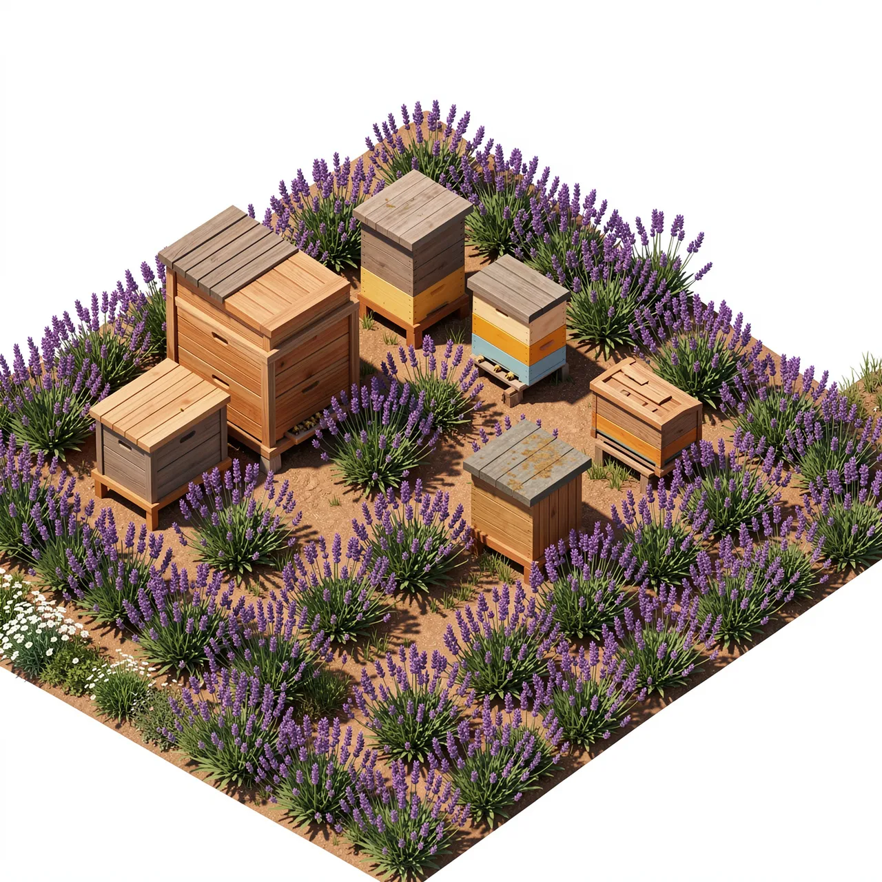 Isometric 3D illustration of wooden beehives arranged among rows of blooming lavender on dry soil
