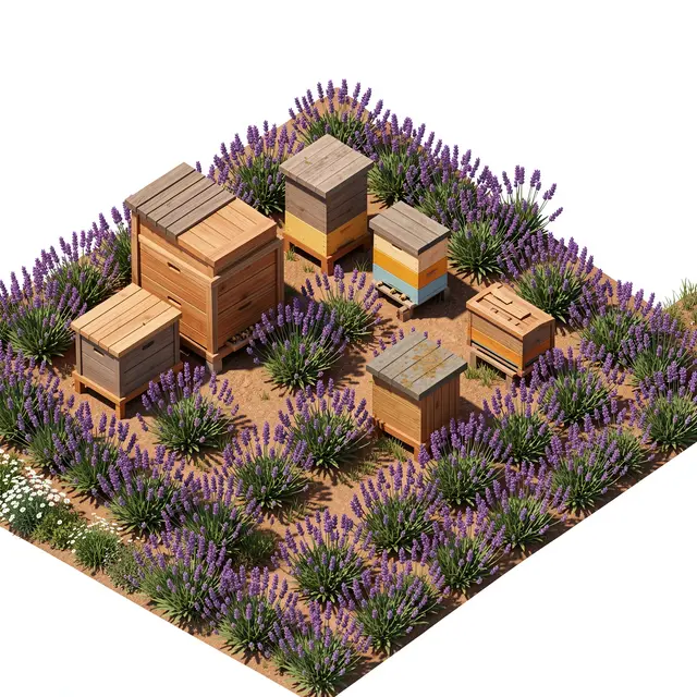 Isometric 3D illustration of wooden beehives arranged among rows of blooming lavender on dry soil