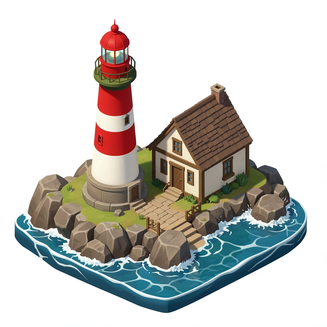 Isometric 3D illustration of a red and white lighthouse, cottage, rocks and waves on a tiny island against a plain white