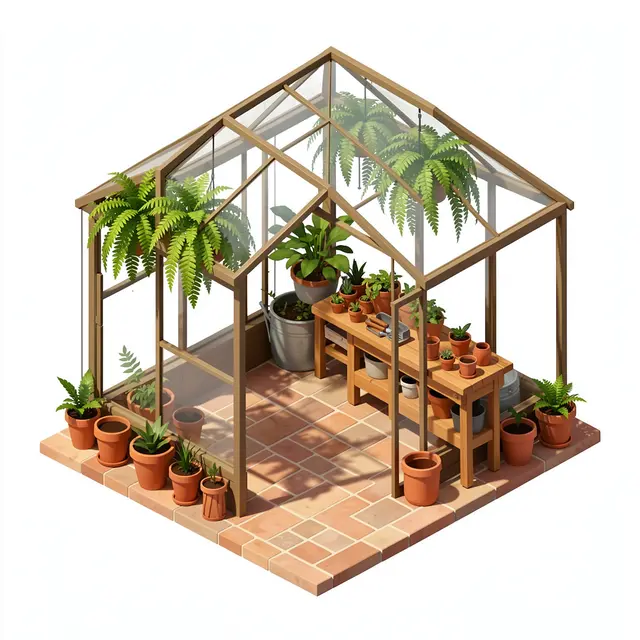 Isometric 3D view of a wooden greenhouse with hanging ferns, a potting bench and terracotta plant pots