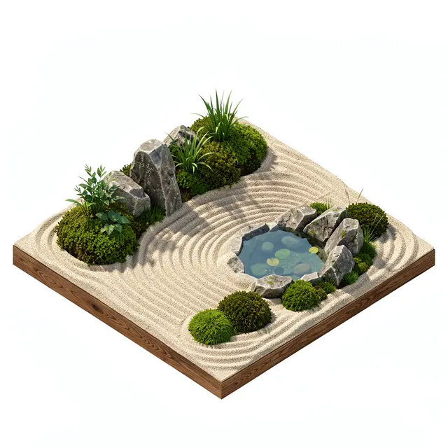 Isometric 3D view of a tabletop zen garden with raked sand, moss, stones and a small lily-pond on a wooden base
