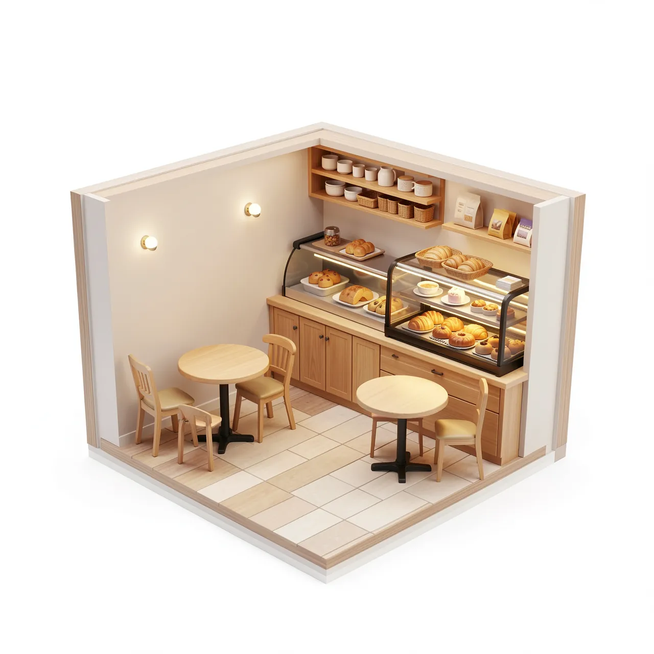 Tiny cutaway 3D render of a cozy cafe corner with tables, chairs, and pastry display cases on a plain white background
