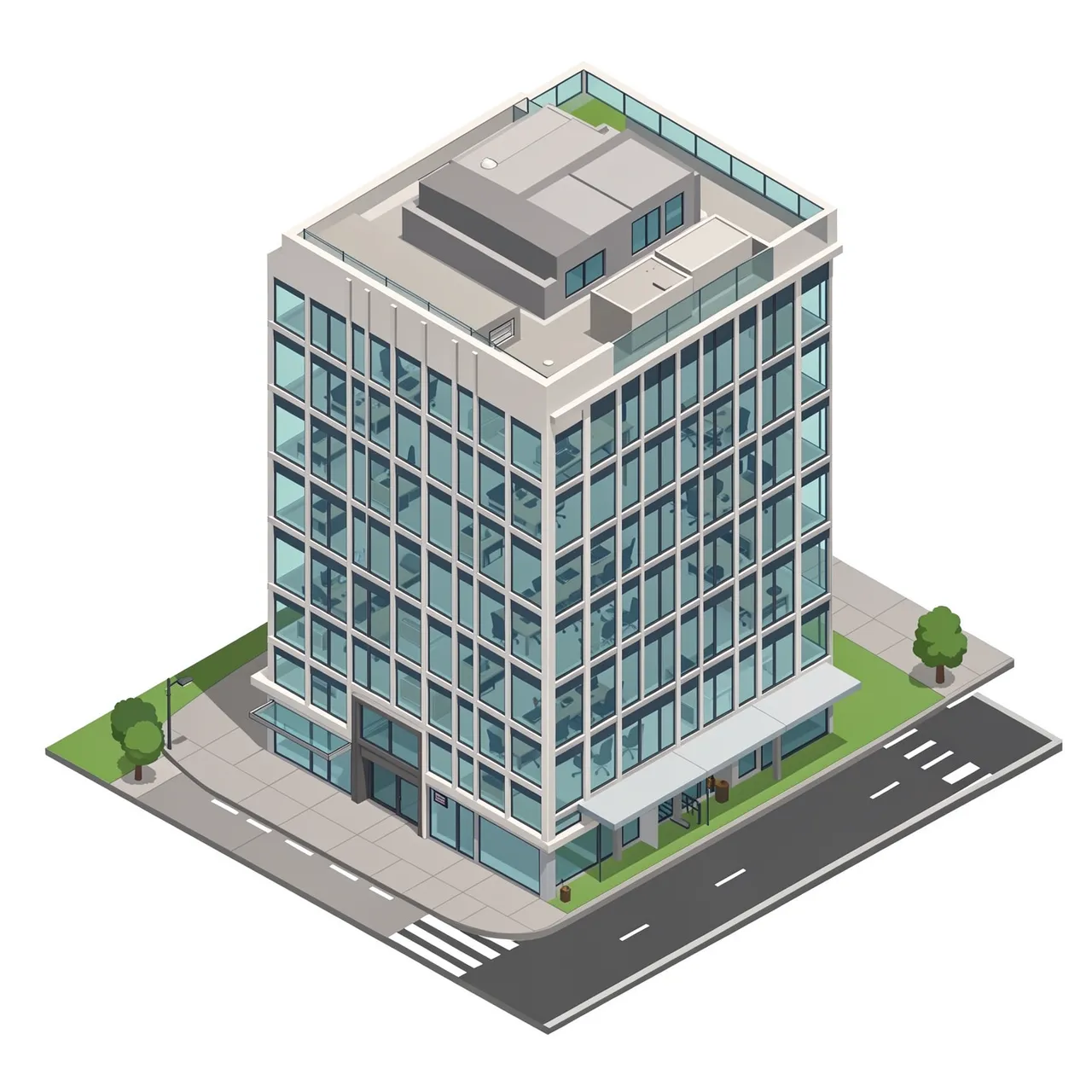 Clean isometric illustration of a multi-story glass office building on a small city street plot.