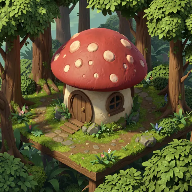 Stylized isometric mushroom house with a round wooden door sits in a mossy forest clearing