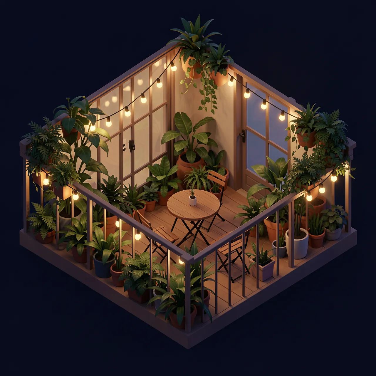 Isometric 3D view of a cozy plant-filled balcony with string lights and a small bistro table after dark