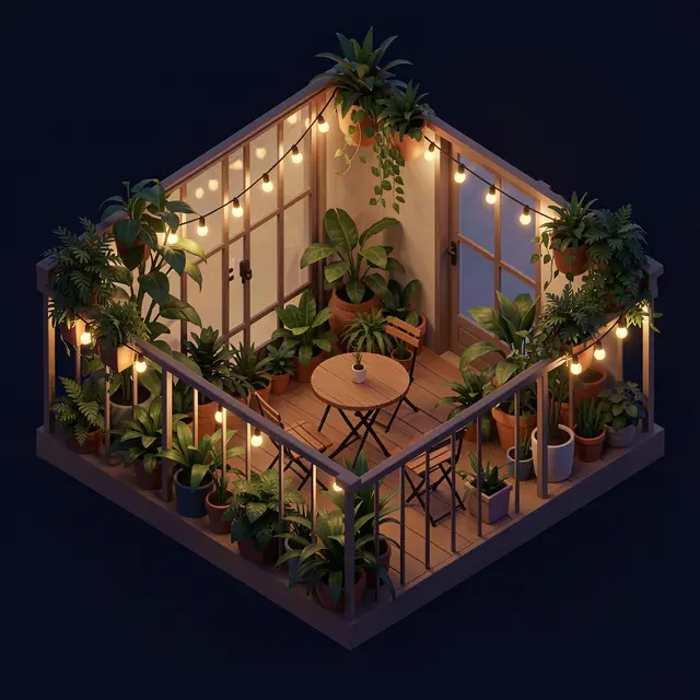 Isometric 3D view of a cozy plant-filled balcony with string lights and a small bistro table after dark