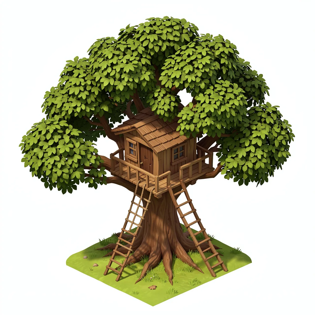 Isometric 3D illustration of a wooden treehouse built into a leafy oak tree with two ladders on a grassy base platform