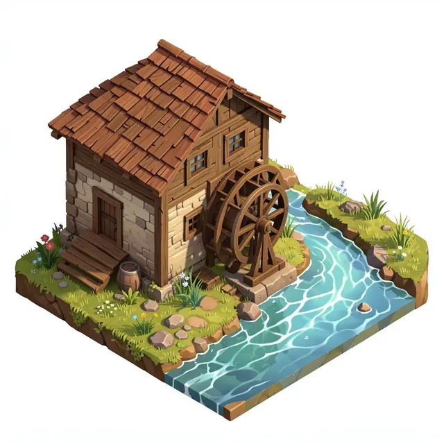 Isometric 3D illustration of a rustic wooden and stone water mill beside a clear flowing stream on grassy banks