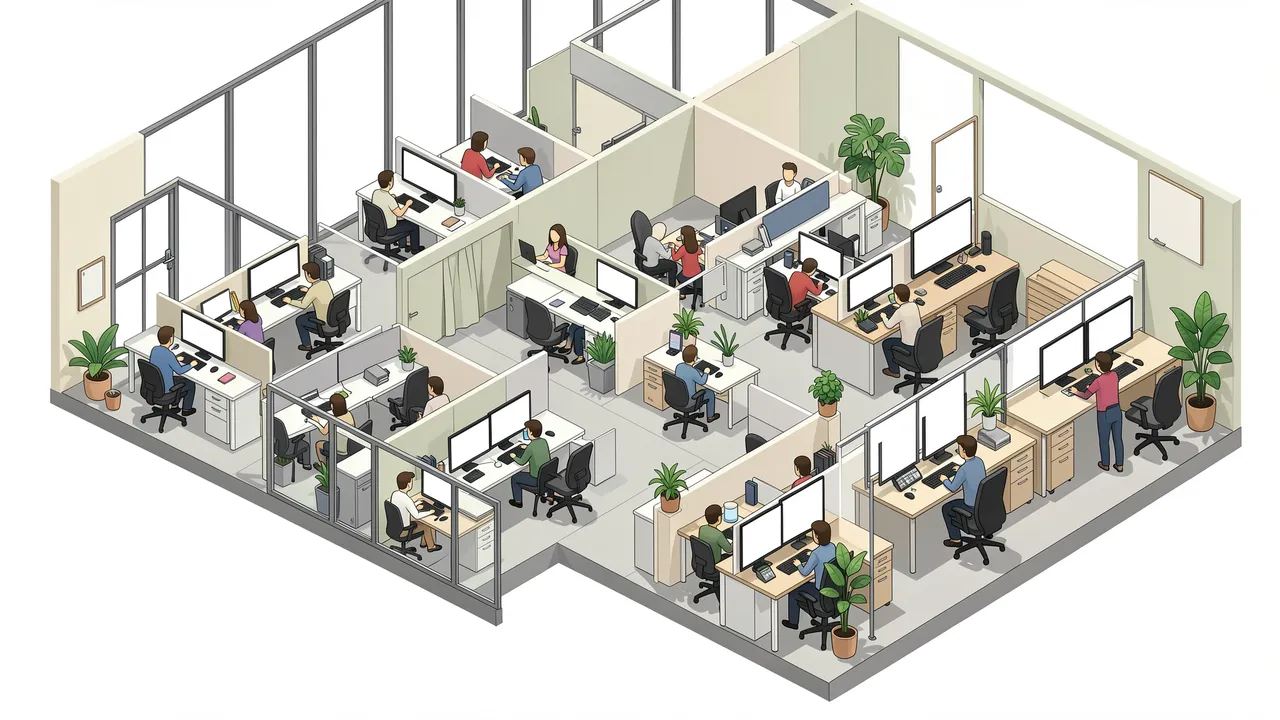 Isometric illustration of an open plan office with faceless workers at desks, blank monitors and potted plants