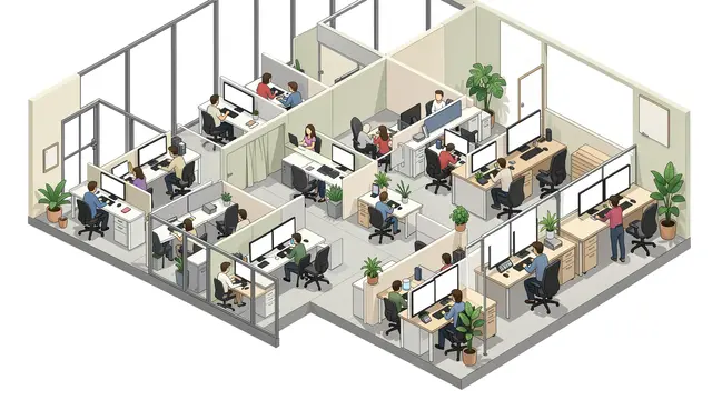 Isometric illustration of an open plan office with faceless workers at desks, blank monitors and potted plants