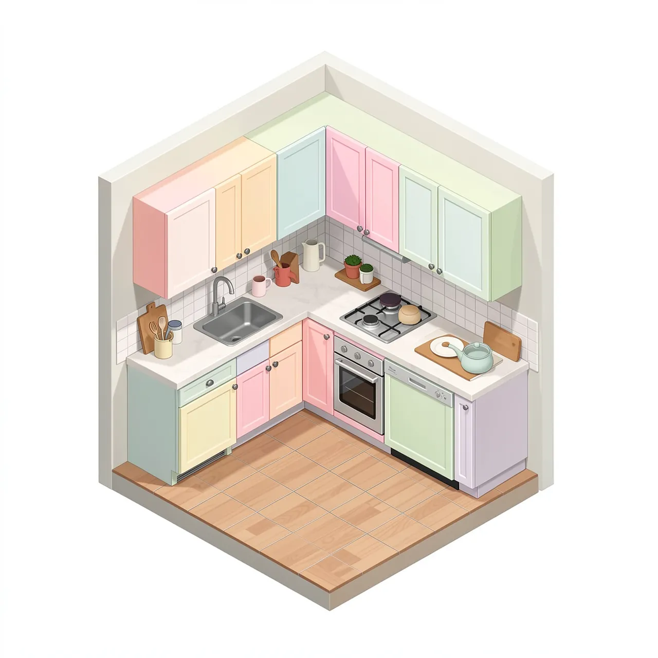 Isometric view of a compact corner kitchen with soft pastel cabinetry and countertop kitchen items