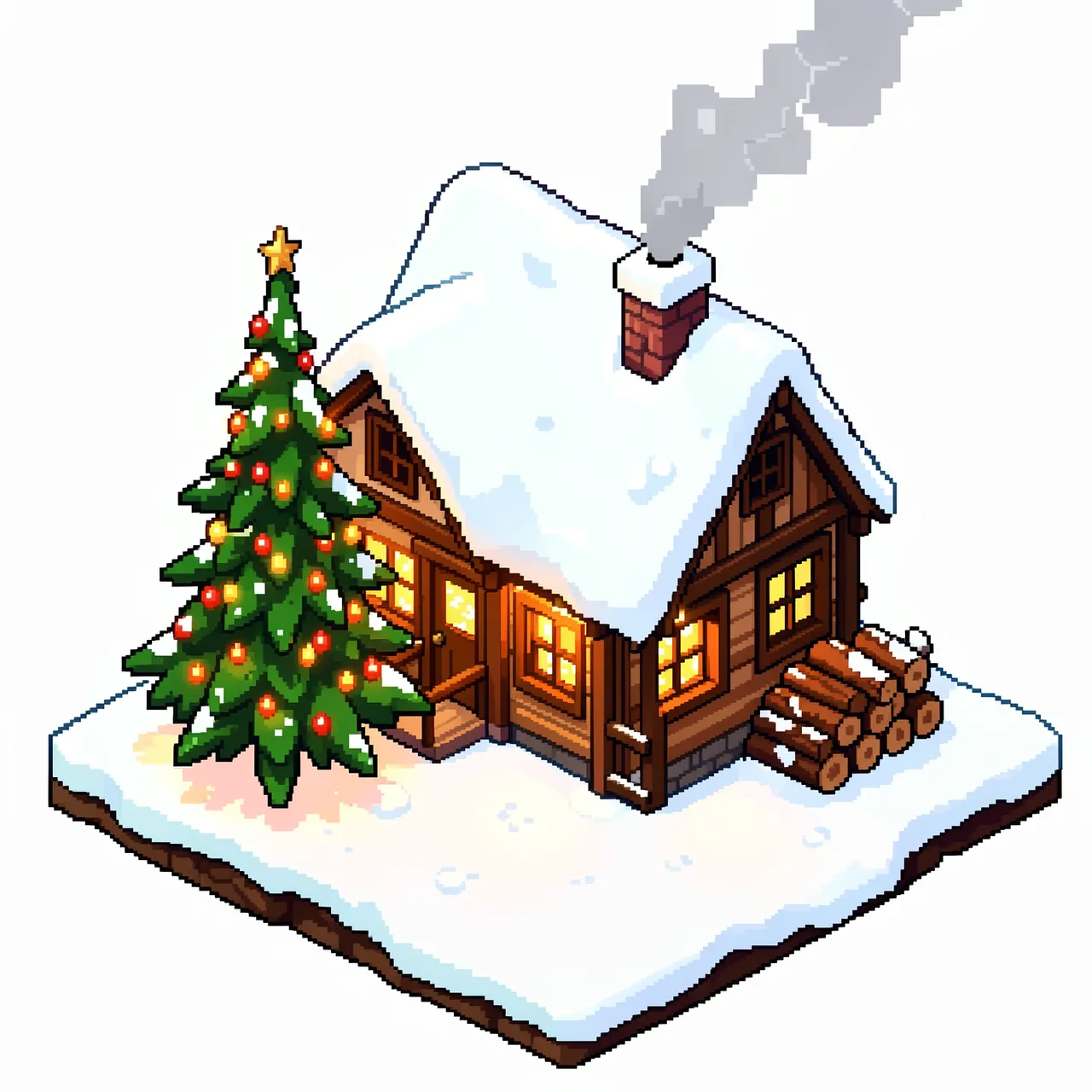 Retro 16-bit isometric pixel art of a snowy log cabin with a decorated Christmas tree and smoking chimney