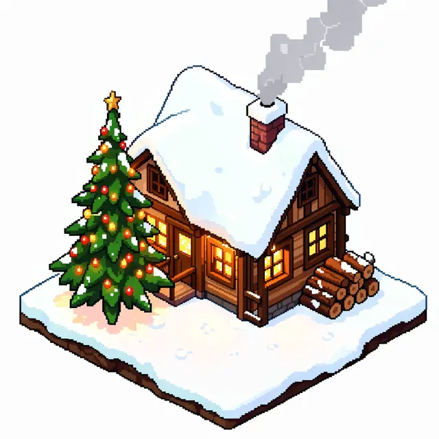 Retro 16-bit isometric pixel art of a snowy log cabin with a decorated Christmas tree and smoking chimney