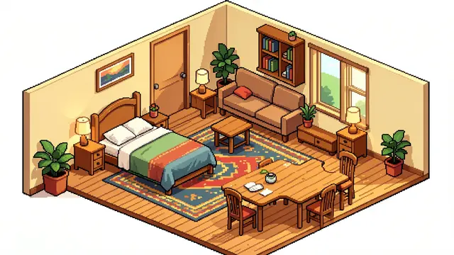 16-bit isometric pixel art of a cozy furnished studio apartment with no people.
