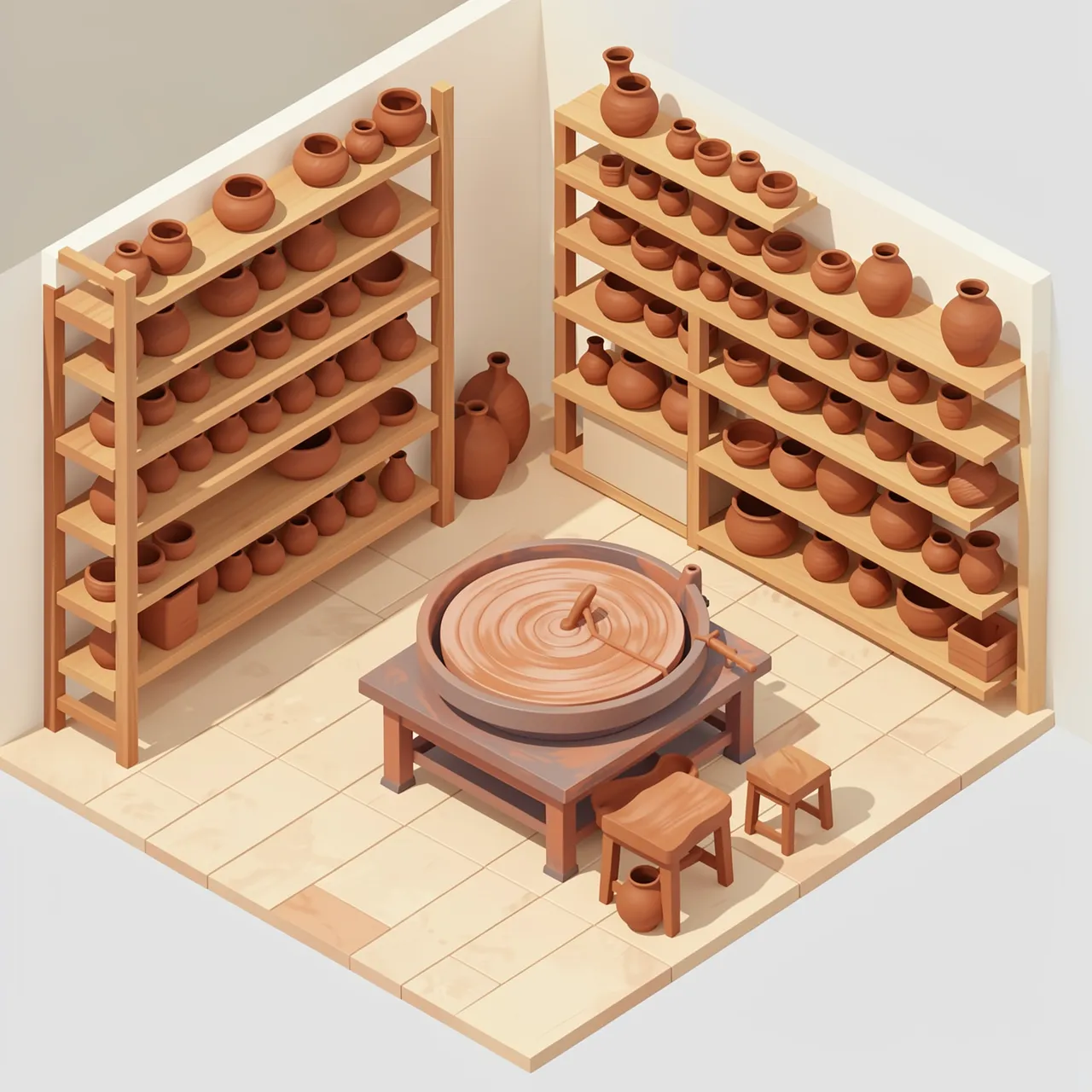 Isometric 3D view of a pottery studio with a central potter's wheel, shelves of clay vases and small wooden stools