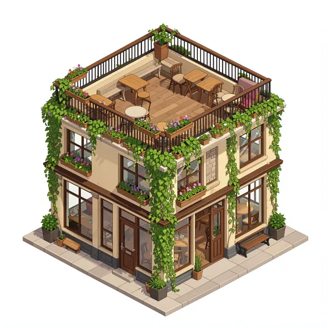 Isometric 3D illustration of a two-story corner cafe covered in ivy with a furnished rooftop terrace