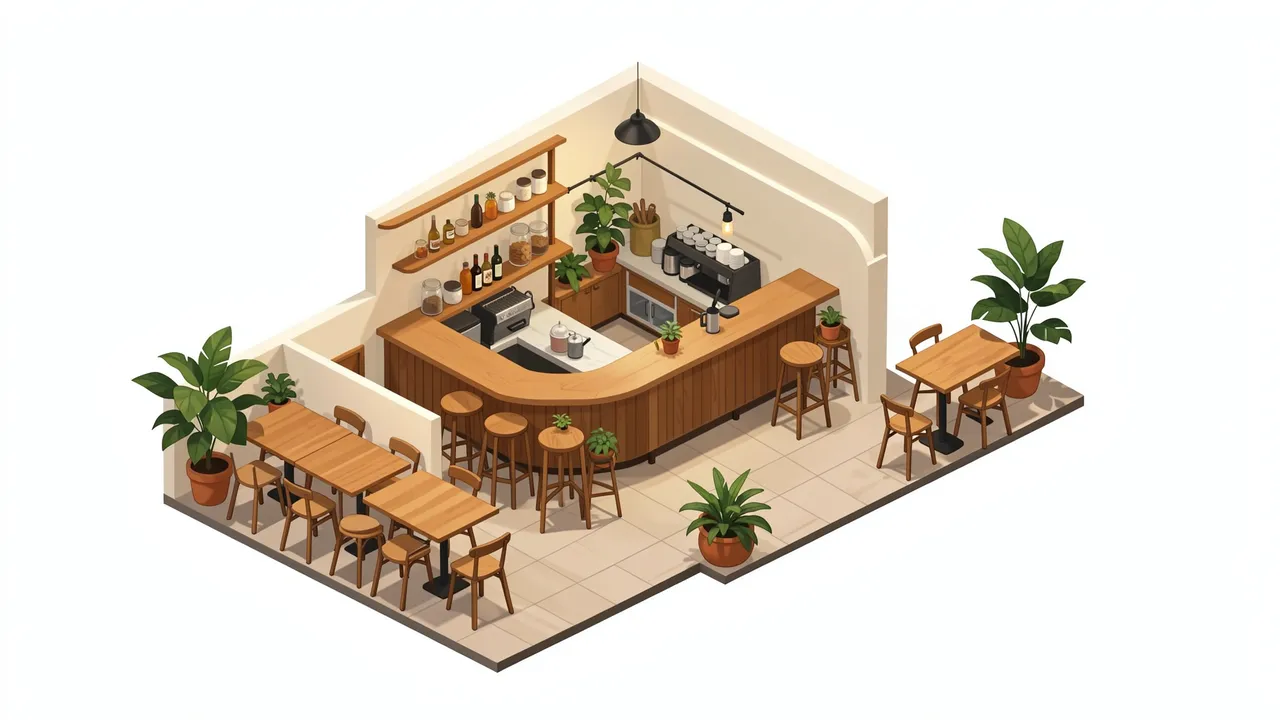 Isometric view of a cozy potted plant filled small cafe interior with counter, seating and coffee equipment.