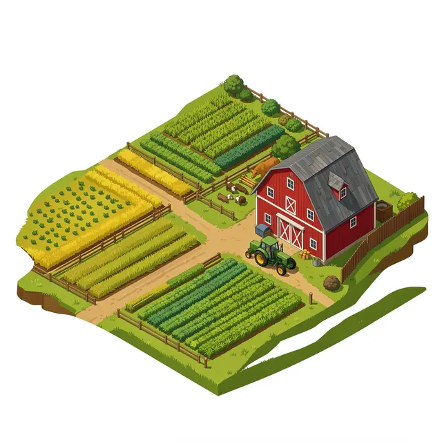 Isometric illustration of a small farm with crop fields, a red barn, green tractor, and grazing livestock