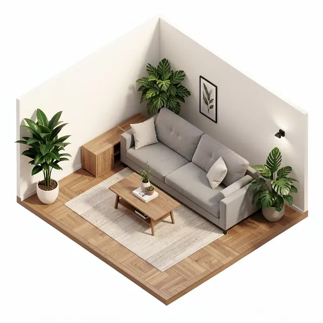 Isometric 3D render of a cozy small living room with a gray sofa, wooden furniture and potted houseplants.