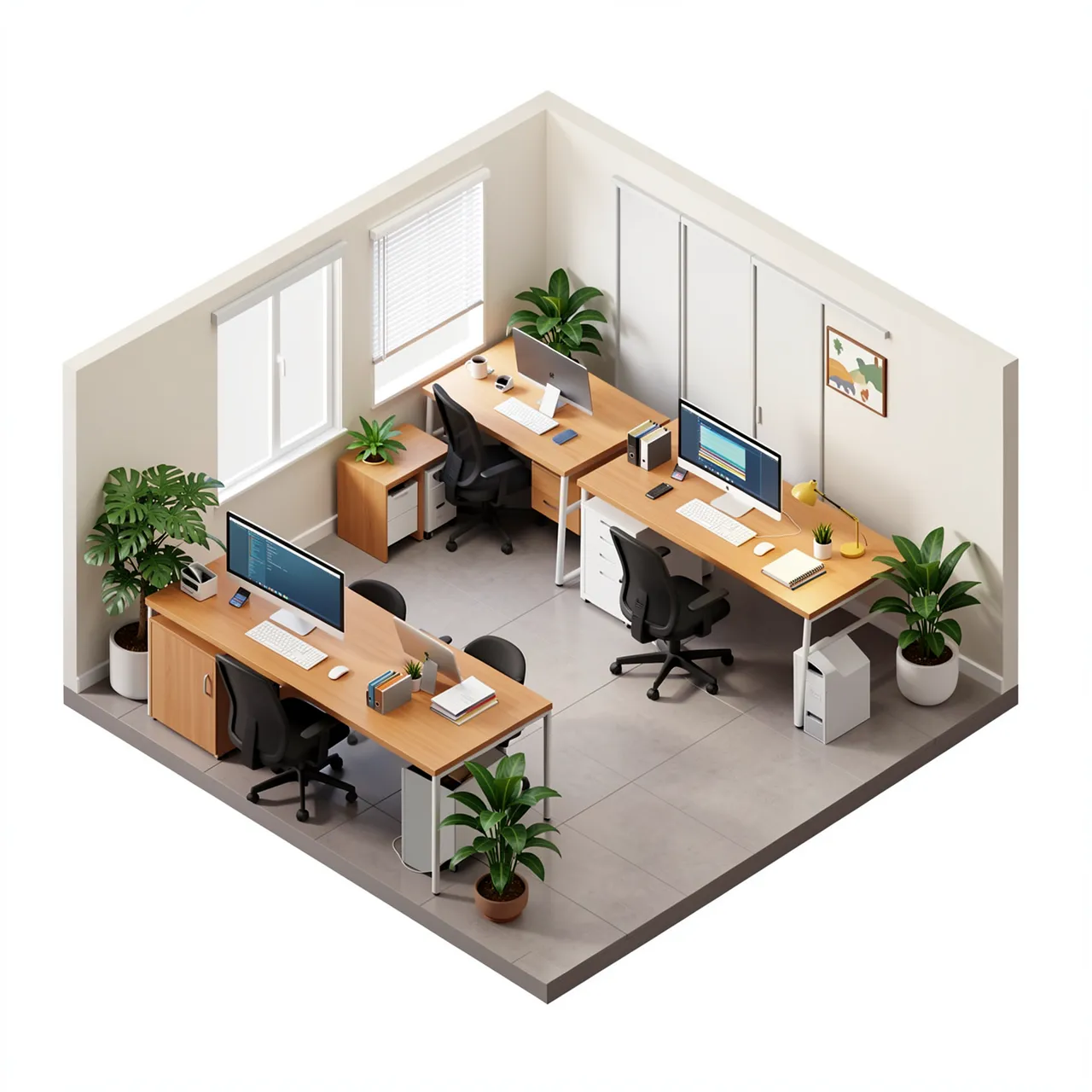 Clean isometric 3D view of a small modern office with desks, computers and potted plants