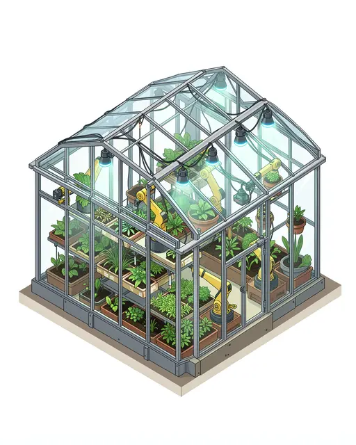 Isometric illustration of a small automated greenhouse with robot arms, grow lights and potted plants