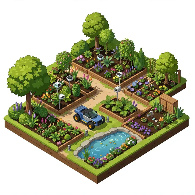 Isometric view of a smart garden with a robotic mower, raised flower beds, sensors, and a small pond.