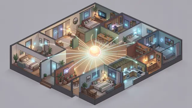 Cross-section isometric illustration of an apartment with glowing sensors connected to a central glowing orb, representing