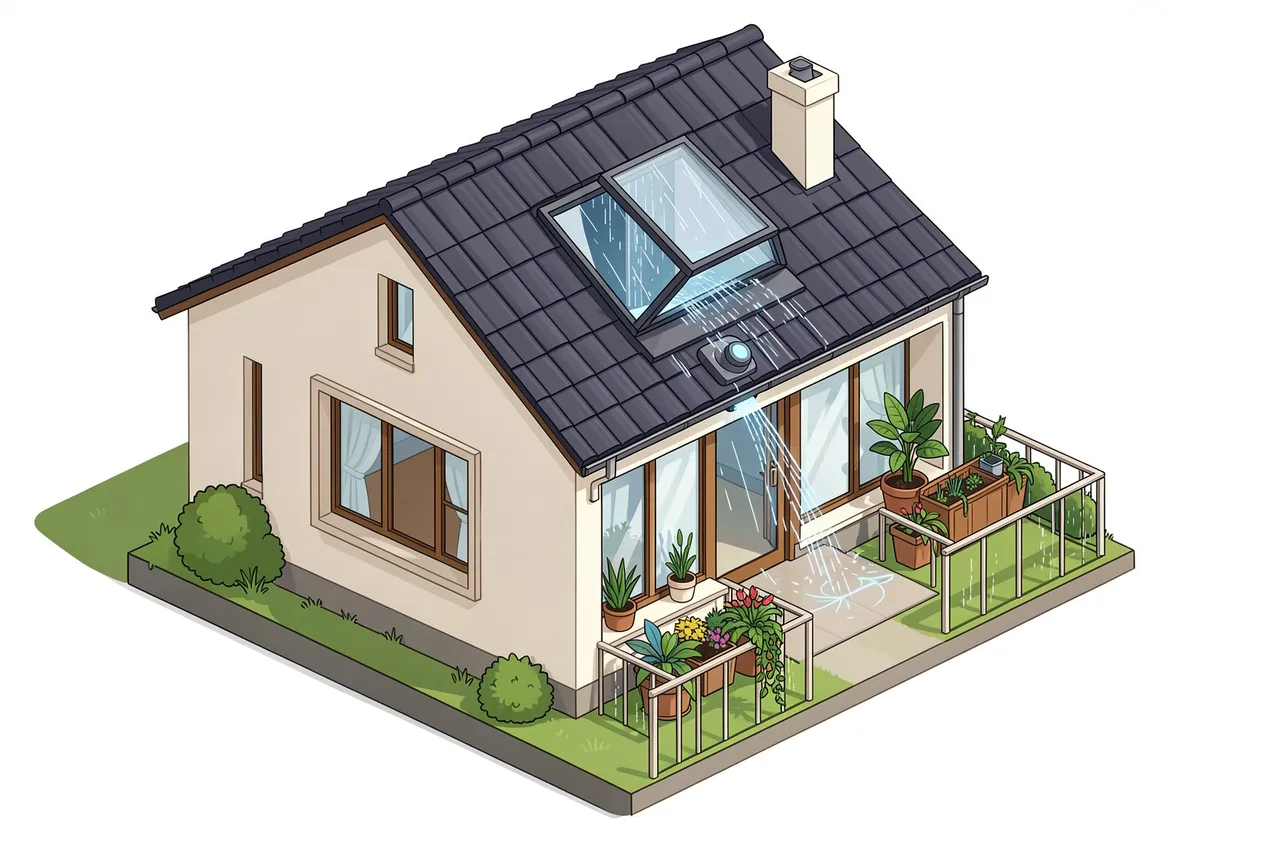 Isometric illustration of a house with a rain sensor activating a skylight and watering balcony plants during rainfall