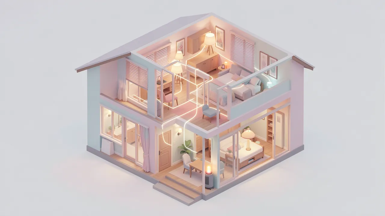 Pastel isometric cutaway view of a two-story house with glowing lines connecting smart home devices
