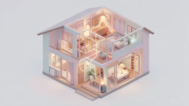 Pastel isometric cutaway view of a two-story house with glowing lines connecting smart home devices