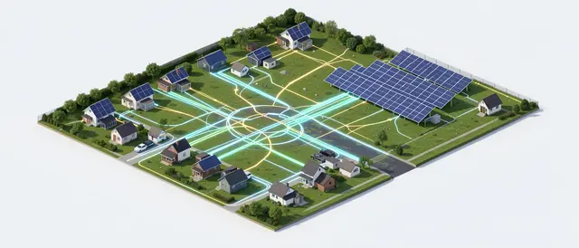 Isometric 3D render of a residential neighborhood connected to a solar park with glowing energy lines