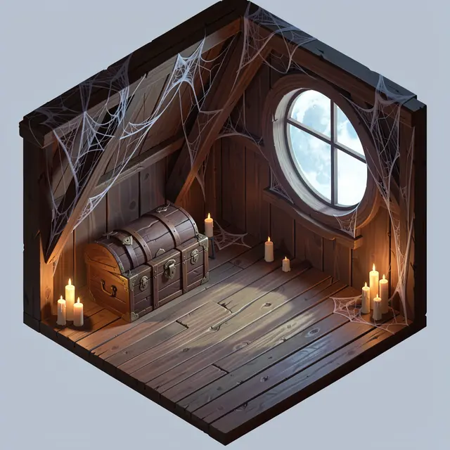 Isometric 3D view of a wooden attic lit by candles and moon glow through a round cobweb-covered window