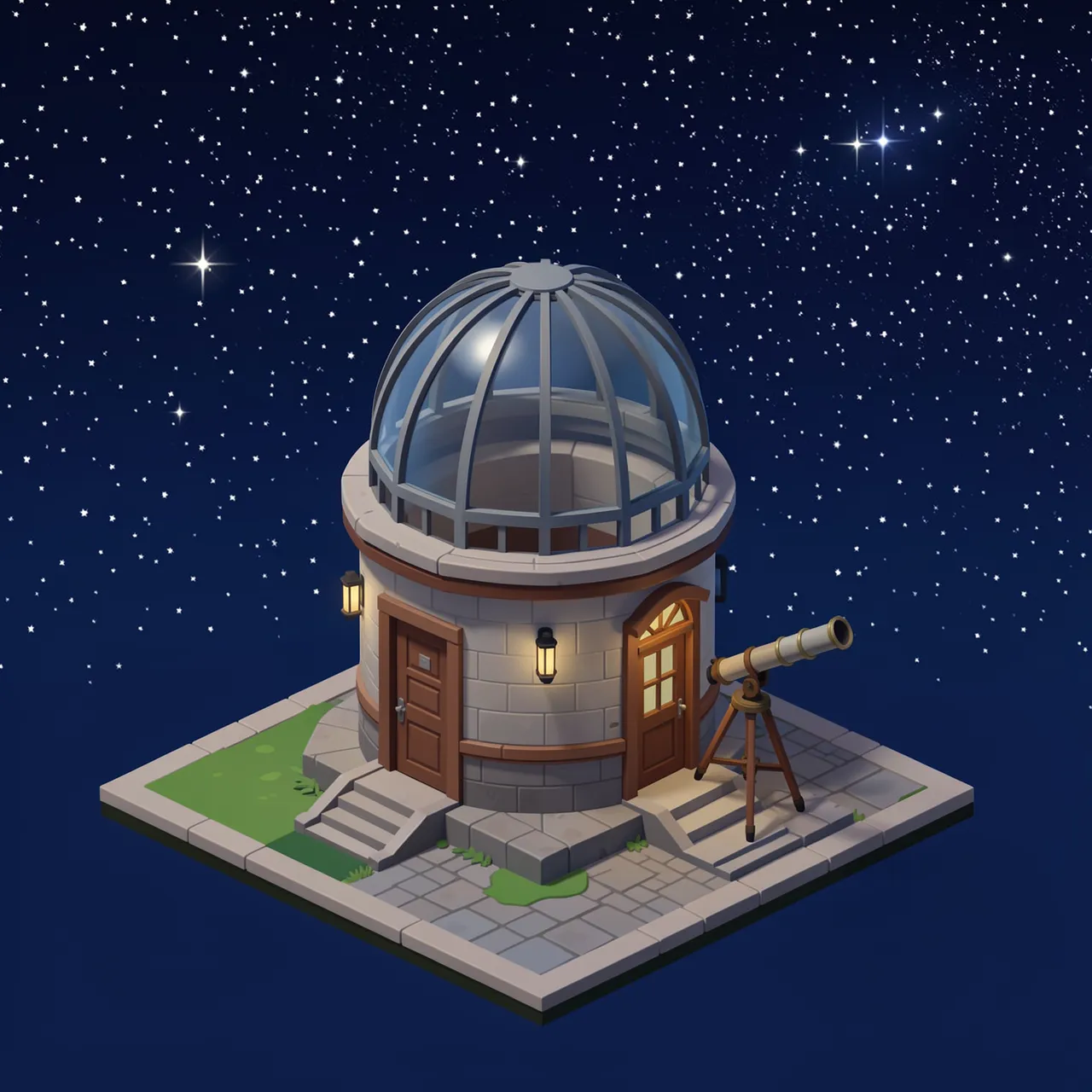 Isometric 3D illustration of a small stone observatory with a telescope under a starry night sky