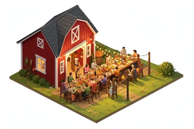 Isometric 3D illustration of a red barn with a long outdoor Thanksgiving dinner table strung with warm string lights and