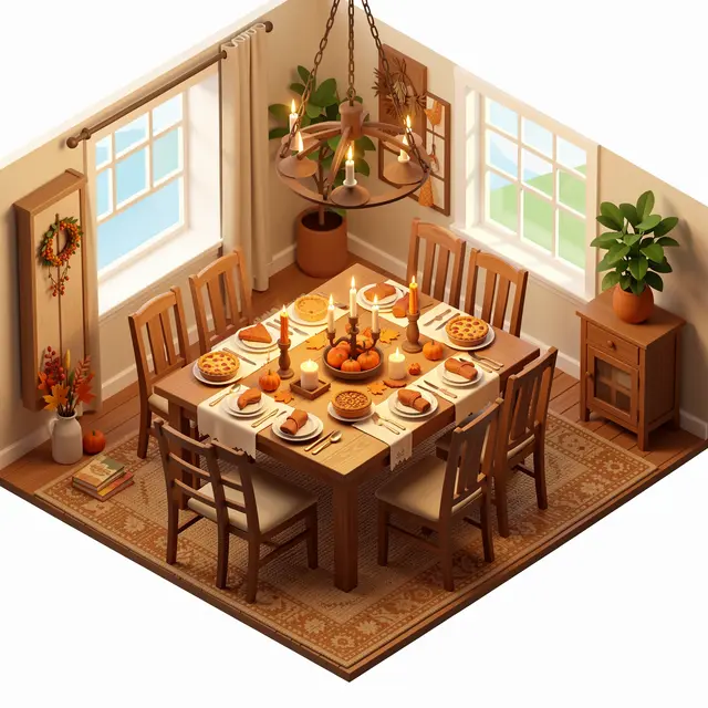 Cozy isometric 3D view of a dining table set for Thanksgiving with pies, candles and fall decor