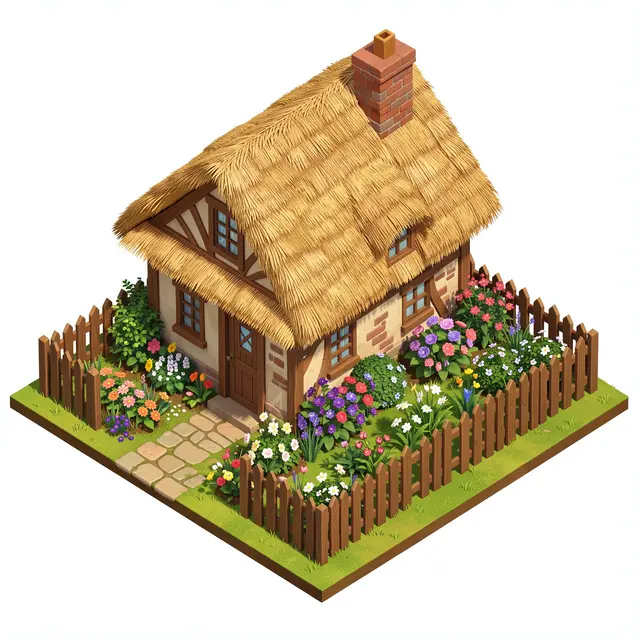 Isometric 3D illustration of a half-timbered thatched cottage surrounded by a flower garden and wooden picket fence.