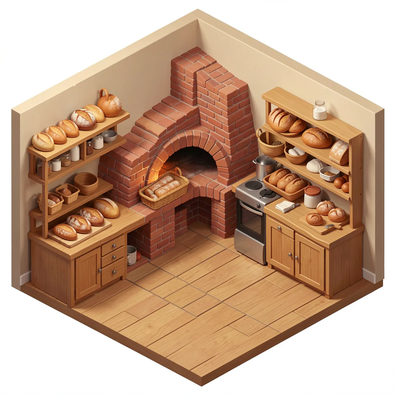 Isometric 3D view of a miniature bakery kitchen with a brick oven and fresh bread loaves