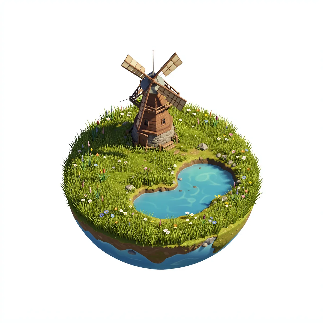 Isometric 3D render of a tiny round planet with a wooden windmill, grassy meadow, and small pond on a plain white background.