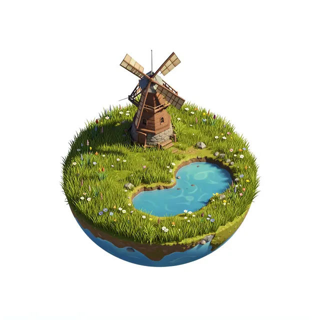 Isometric 3D render of a tiny round planet with a wooden windmill, grassy meadow, and small pond on a plain white background.
