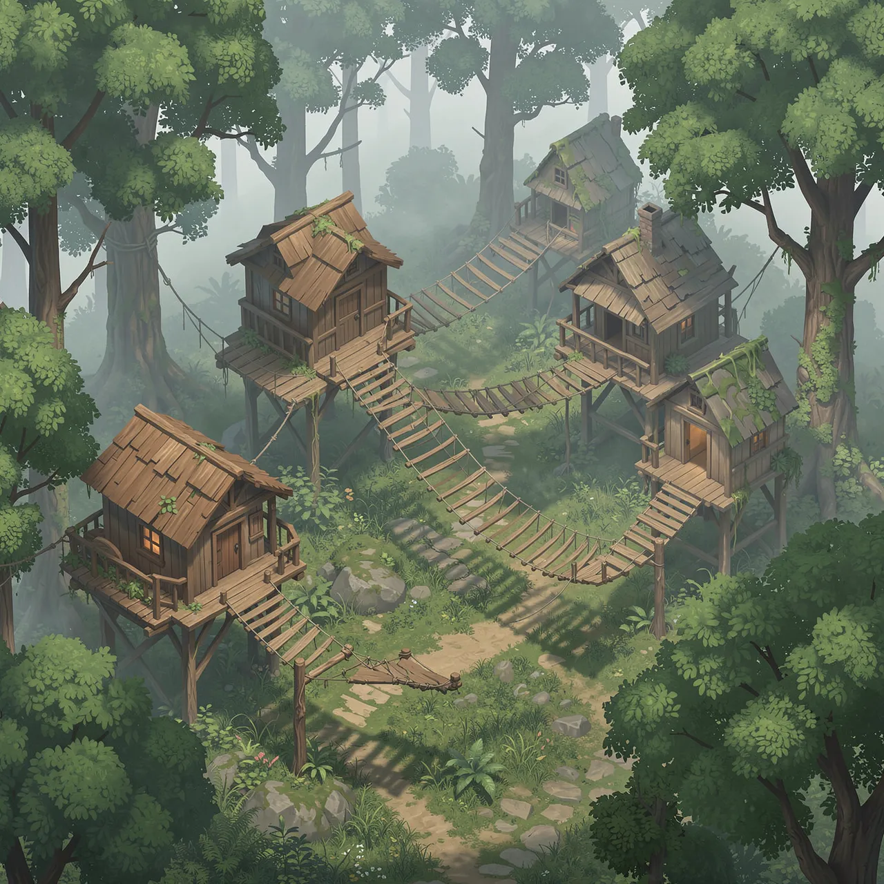 Isometric 3D illustration of wooden treehouses linked by rope bridges in a misty dense forest