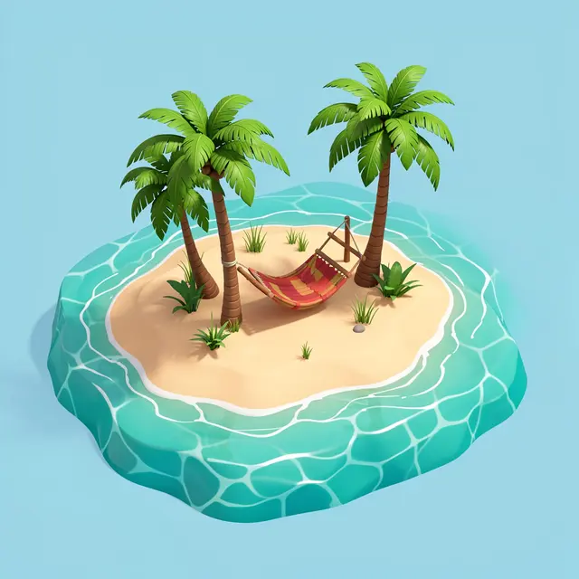 A stylized isometric tiny desert island with palm trees, a hammock, and surrounding turquoise clear water