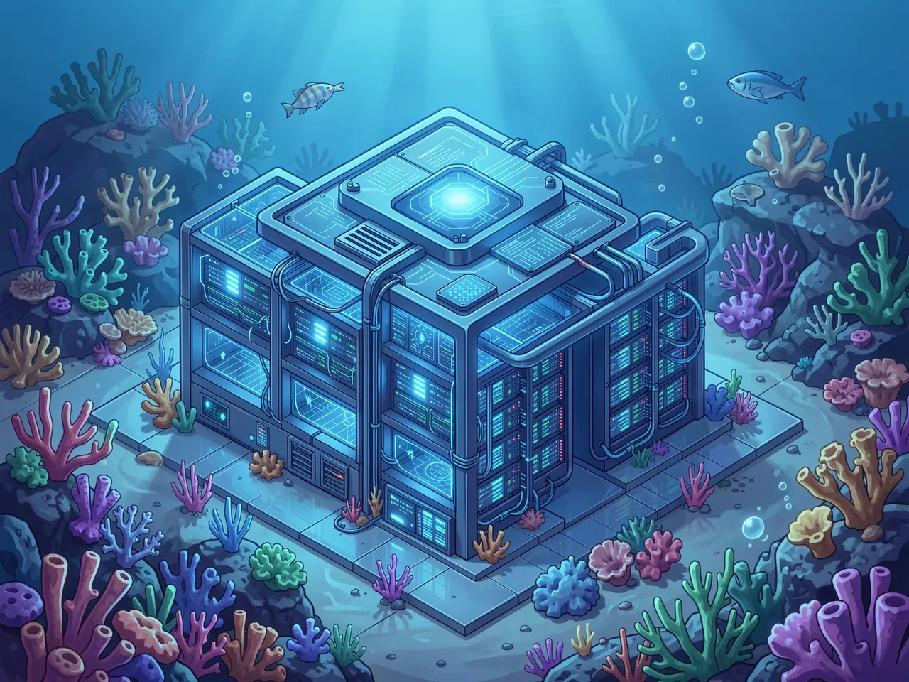 Isometric illustration of a glowing underwater AI data center surrounded by coral and small fish in sunlit blue ocean water